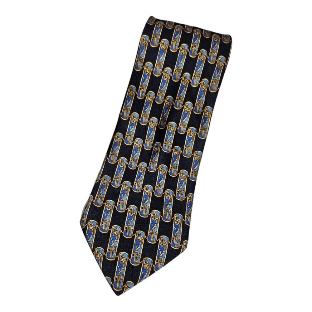 LANVIN Men's 100% Silk Necktie LUXURY Tie Blue Geometric W:3.8" EUC